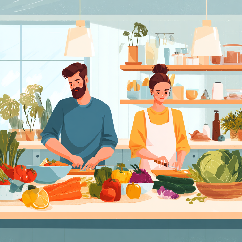 A vibrant bowl of colorful fresh fruits, vegetables, whole grains and natural healthy foods arranged beautifully on a rustic wooden table in bright natural light